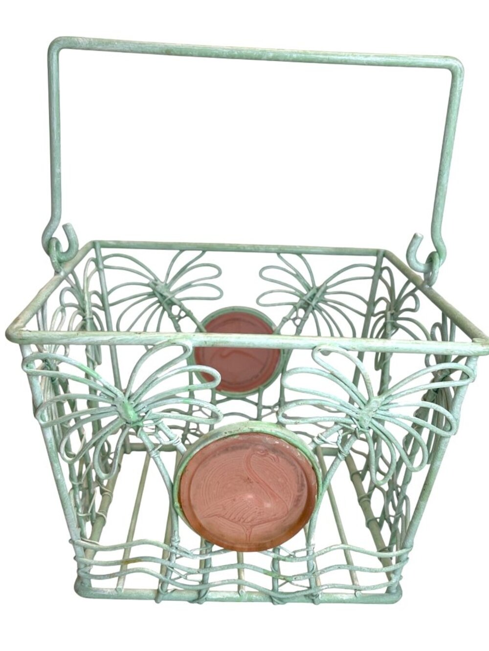 Metal Storage Basket Pink Flamingo Medallion Teal Green Palm Tree Wrought Iron